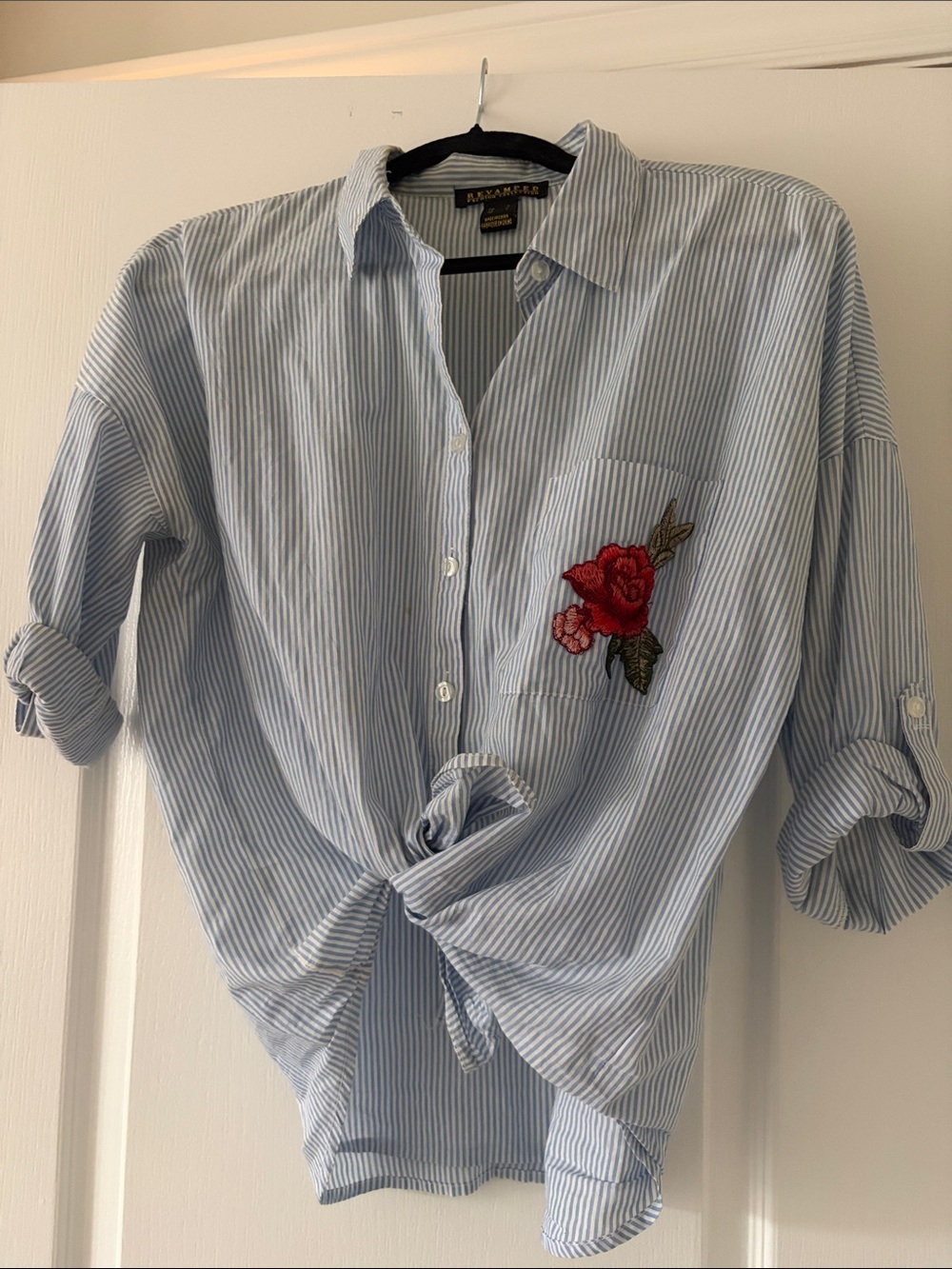 Light Blue Striped Men's Button-Up Shirt with Red Rose Patch